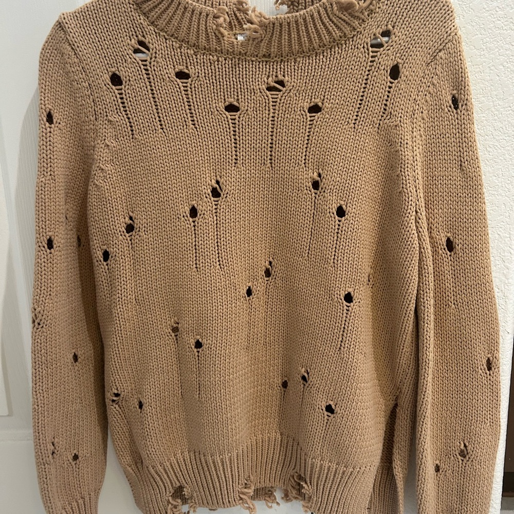 Zara Tan Crew Neck Sweater with Ribbed Details